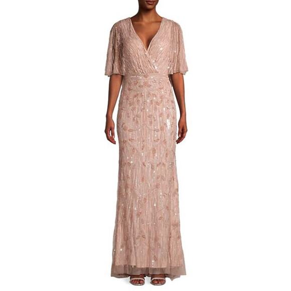 MAC DUGGLE EMBELLISHED CAP SLEEVE FAUX WRAP TRUMPET GOWN Size 14 NWT - Picture 5 of 12